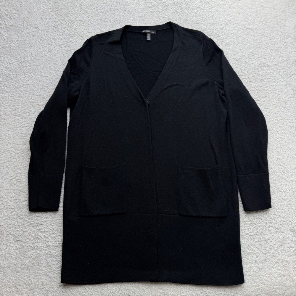 Eileen Fisher‎ Black 100% Merino Wool Longline V-Neck Cardigan Sweater XS F18JI